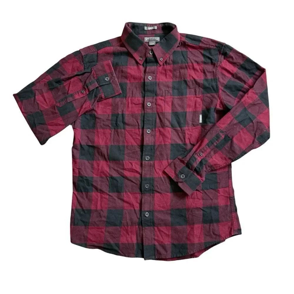 Eddie Bauer Plaid Flannel Button Up Shirt Medium Maroon Black